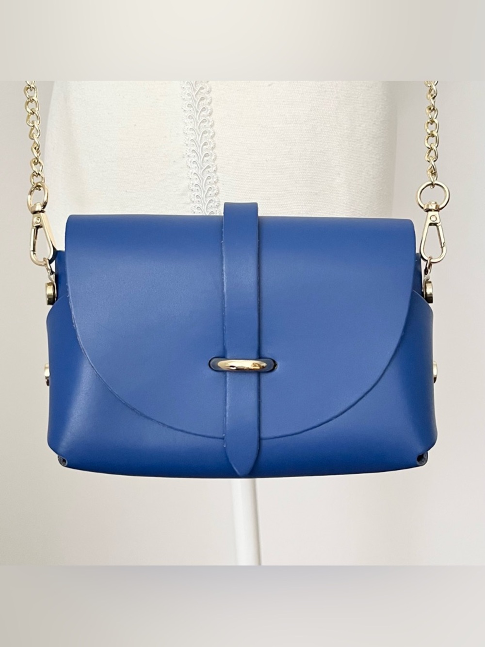 NEW Pelle Leather Crossbody Mini Bag Gold Chain Electric Blue Made in Italy